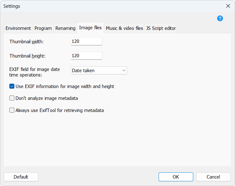 Program settings, Tab Image files