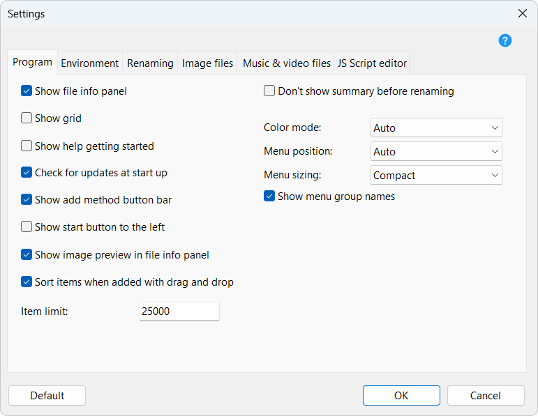 Program settings, Tab Program