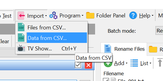 Import data from CSV, menu