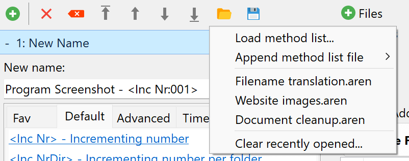 New UI for loading and saving method lists based on menu dropdown