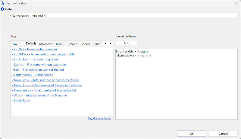 Window with insert tag and favorite patterns