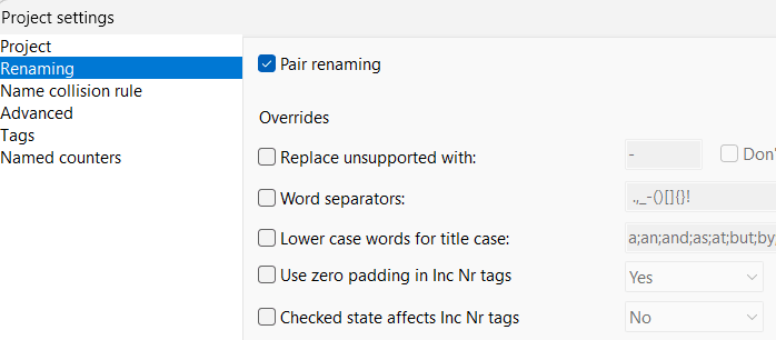 Project settings window