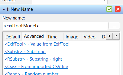 Exiftool tag used in New name method