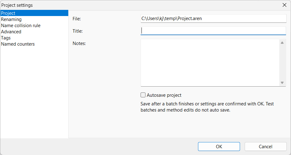 Project Settings window, Project section with file path, title, notes, and autosave option