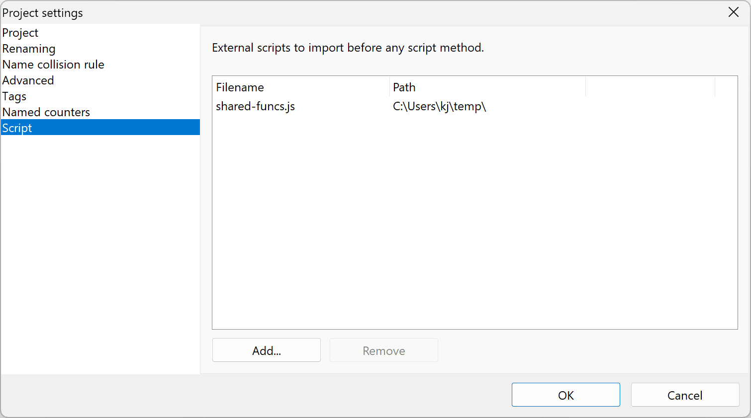 Project Settings window, Script section with external JavaScript files