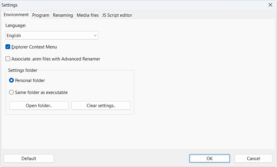 Program settings, Tab Environment