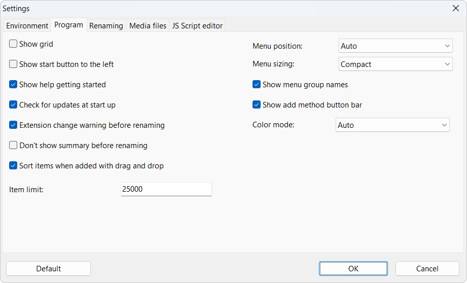 Program settings, Tab Program