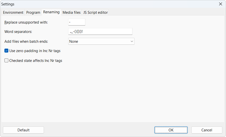 Program settings, Tab Renaming